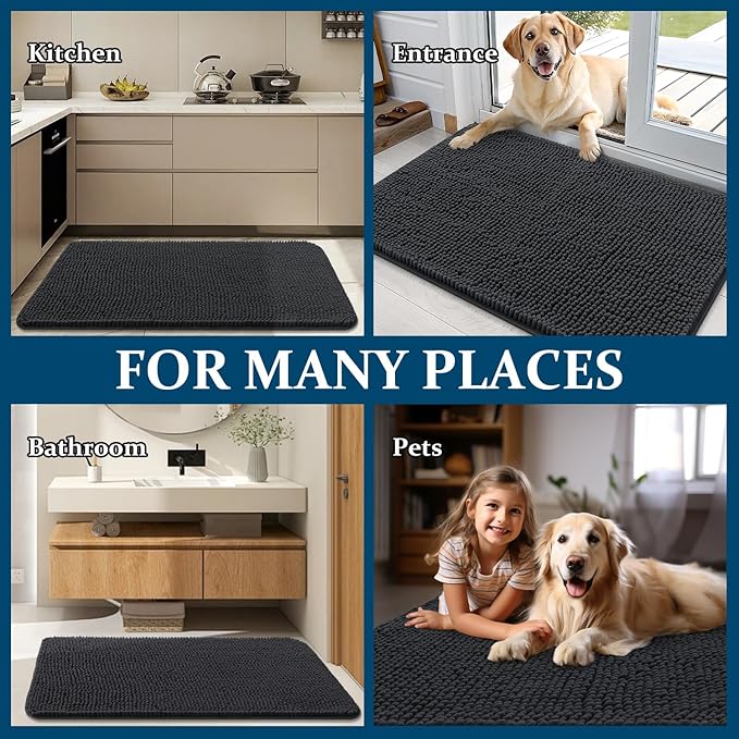 OLANLY Dog Door Mat Set 2-Piece 36x24, Absorbs Moisture and Dirt, Absorbent Non-Slip Washable Doormat, Quick Dry Chenille Mud Mat for Dogs, Entry Indoor Entryway Carpet for Inside Floor, Dark Grey