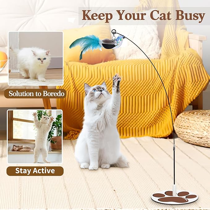 Interactive Cat Toy for Indoor, Includes Metal Base, Suction Cup Cat Base, Cat Wand,Bird Simulation Toys and Feather Toy, Set of 7 PCS