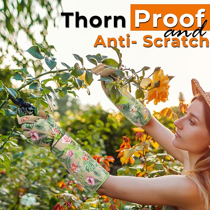 HANDLANDY Leather Gardening Gloves for Women, Thorn Proof Breathable Ladies Rose Pruning Garden Gauntlet Yard Gloves, Gift for Gardeners (Khaki, L)