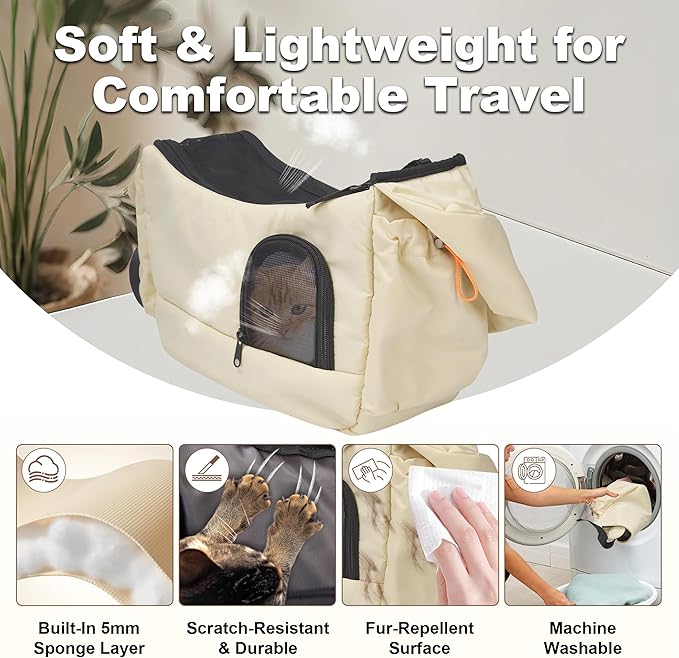 Cat Sling, Dog Carrier Sling for Kitten and Puppy up to 8.8 lbs, Breathable Cats Carrier Pouch Pet Purse with Soft Mat, Hands-Free Pet Carrier with Safety Harness and Pockets for Travel, Yellow