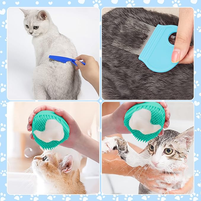 VCZONE 8 Pcs Cat Brush Grooming Kits, Pet Self Cleaning Kit with Pet Nail Clipper and File, Flea Comb, Pet Shampoo Bath Brush, Pet Shedding Brush, Silicone Toothbrush (Blue)