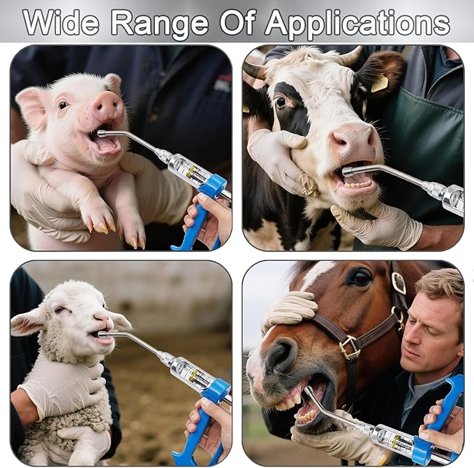 50ML Veterinary Metal Feeding Gun, Continuous Drench Gun Dosing Device Veterinary Adjustable Medicine Dispenser Husbandry Autonomous Feeding Tool, for Pig Cow, Sheep, Horse (Blue, 50ML+Kettle)