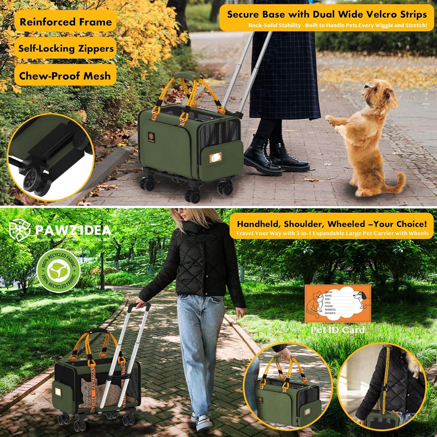 PAWZIDEA Expandable Pet Carrier with Wheels, 18"X11"X11" TSA Airline Approved Cat Carrier for 2 Cats Under Seat, Foldable Soft-Sided Dog Carrier for Small Dogs Rolling Travel Bag, Max Weight 18 lbs