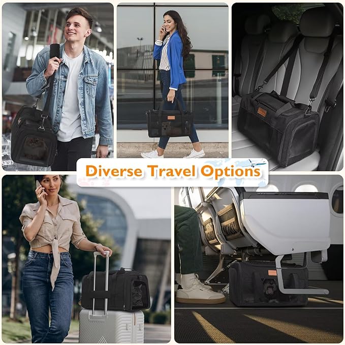 PETUX Pet Carrier Airline Approved, 17"x11"x9.5" Portable Cat Carrier Soft with Anti-Scratch Mesh for Small Cats up to 12 lb, Top Open Breathable Dog Carriers for Puppy up to 10 lb (Black)