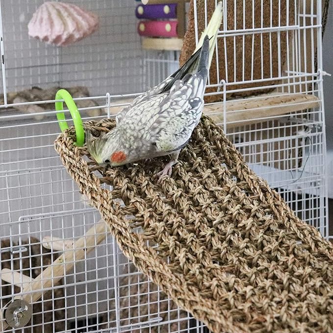 39 x 7 Inches Seagrass Mat, Natural Seagrass Woven Net, Bird Hammock Mat with Hooks, Cage Accessories, Climbing Rope Ladder Chew Toys for Cockatiel, Hamster, Guinea Pig, Rats, Parakeet