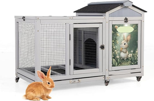 COZIWOW 39inches Assembled Wood Rabbit Hutch Indoor,Wide Space Small Animal Houses with Removable Tray&Safety Lock,Bunny Cage with Waterproof Roof&Solar Panels (Grey with Pattern)