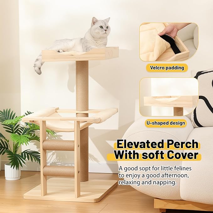 KVIDA Extra-Sturdy Wooden Cat Tree for Large Cats – Modern 3-Level Tower with Hammock, Anti-Tip Sisal Posts & Oversized Perch, Ideal for Indoor Big Cats & Multi-Cat Homes