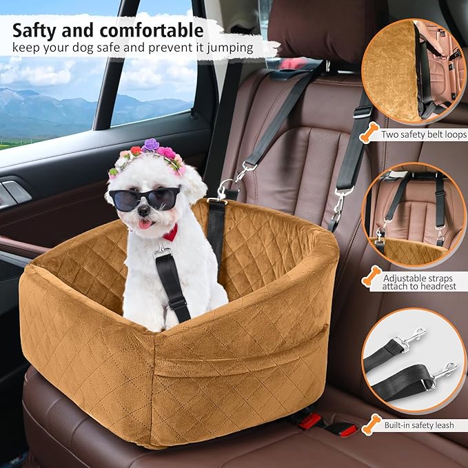 Dog Car Seat for Small Medium Dogs,Detachable Washable Dog Booster Seat Under 30lbs,Pet Car Seat Travel Bed with Storage Pockets and Dog Safety Belt(Brown