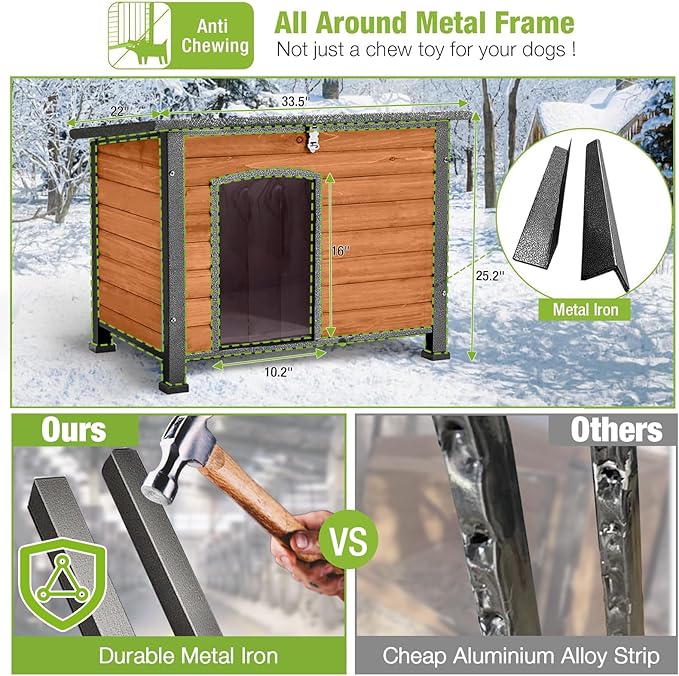 GUTINNEEN Heated Dog House Outdoor 35.5" Large Dog Kennel with Metal Frame Insulated Dog Crate Cage for Large Dogs Outside with Heater and Insulated Liner, Brown