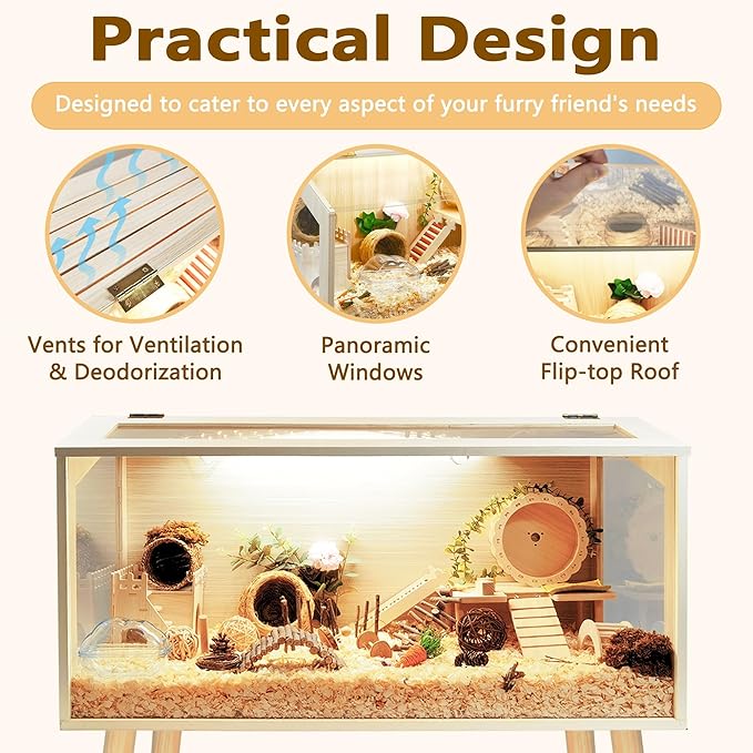 Hamster Cage with Legs Chew Proof Hamster Habitat Guinea Pig Cages, Hamster House, Hamster Cages and Habitats (32" L x 16" W x 40" H, Thick Wood Roof)