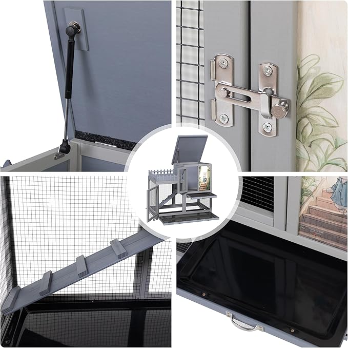 COZIWOW Double Layers Durable 38In Rabbit Hutch Indoor on Wheels, Small Animal Houses Habitat, Rolling Large Bunny Cage Outdoor with Removable Tray, Ramp, Two Story Bunny Cage(Grey with Pattern)