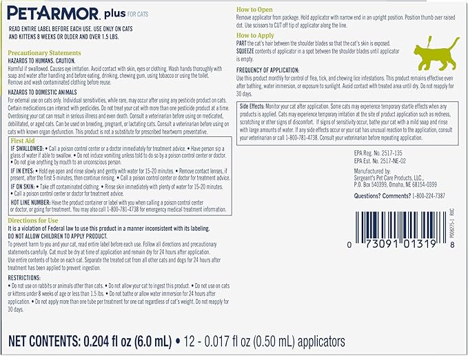 PetArmor Plus Flea and Tick Prevention for Cats, Cat Flea and Tick Treatment, 12 Doses, Waterproof Topical, Fast Acting, Cats Over 1.5 lbs