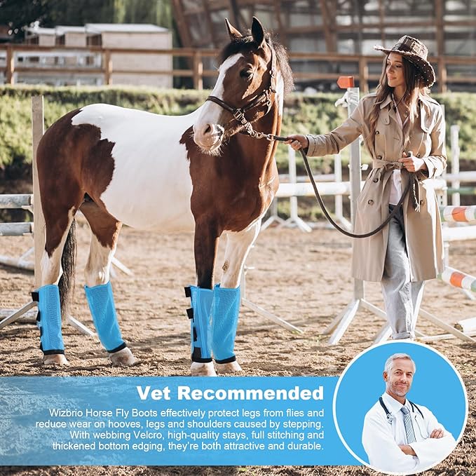 Premium 4-Pack Horse Fly Boots & Leggings Loose-Fit Fine Mesh with Stay-On Fasteners, Support Strips & Anti-Stomp Design Breathable Non-Slip Protection Leg Wrap (Large) Sky - Blue