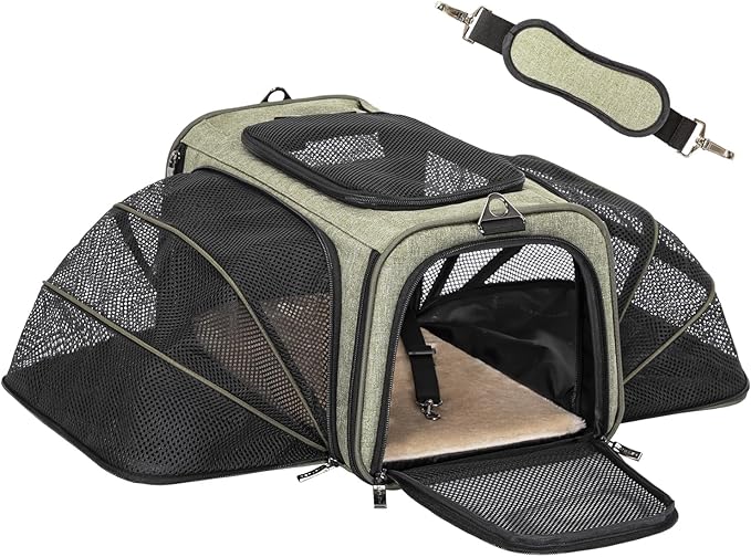 Petsfit Expandable Rabbit Carrier Cat Carriers, 16 Inch Airline Approved Pet Carrier with 2 Extensions, Soft Washable Cushion, Self-Locking Zipper Head, Built-in Safety Rope, Fit for Travel