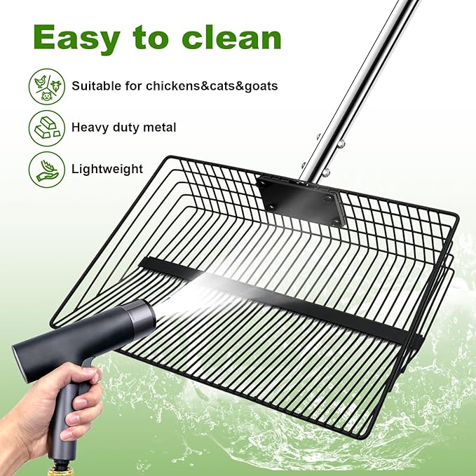 12inch Large Chicken Poop Scooper,2 Widths of Slots Litter Sifting Shovel (23 to 66"),Chicken Coop Litter Scoop with Stainless Steel Handle, 4 in 1 Multifunctional Heavy Duty Chicken Coop Accessories