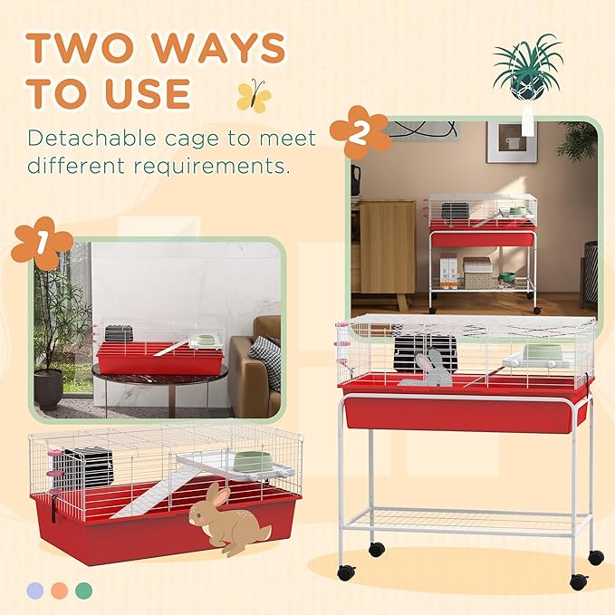 PawHut Two-Story Small Animal Cage Removable from Stand, Guinea Pig Cage with Shelf & Wheels, Pet Habitat for Hedgehog, Chinchilla, Ferret, 33" x 18.5" x 35", Red