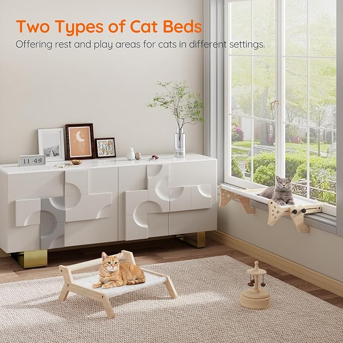 HOOBRO Cat Window Perch, Set of 2, Cat Window Hammock with Support Legs, Cat Hammocks for Indoor Use, Cat Beds with Soft Plush for Window and Floor, Natural NL44CS03