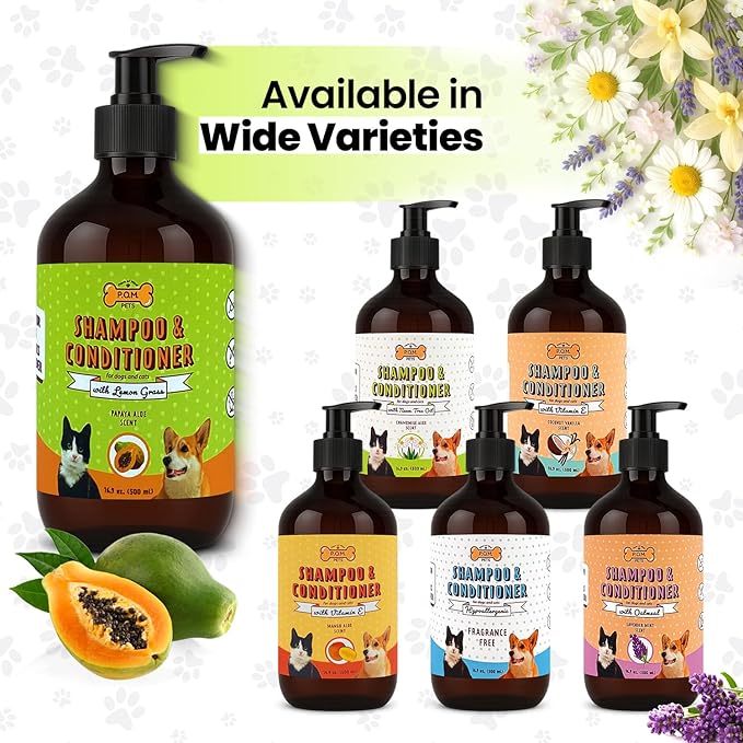 POM Pets 2-in-1 Organic Dog Shampoo & Conditioner – Itchy Skin Relief, Dog Deshedding, Detangles Fur, Cat Shampoo, Paw Cleaner for Dogs, Natural Coat Defense Formula