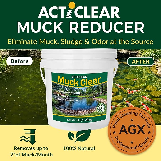 Muck Clear - 15LB Beneficial Bacteria for Ponds & Lake, Boost Enzymes, Sludge Odor Away, Outdoor Fish Pond Water Clarifier, Safe for Aquatic Life, Treats Up to 90,000 Sq Ft