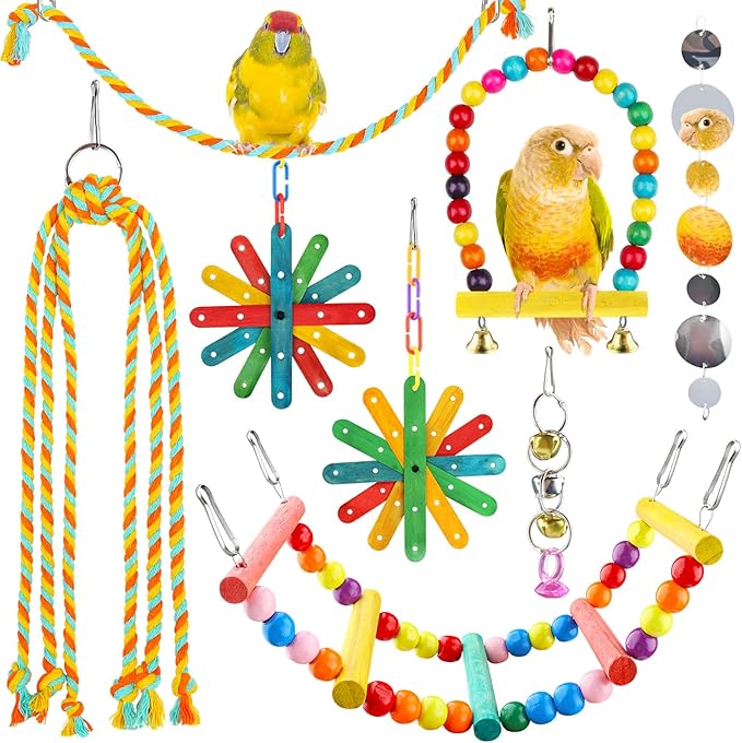 8 pcs Bird Toys for Parakeets with Colorful Ladder Hammock Bird Cage Accessories Bird Perch Stand Chewing Toys Hanging Bell Parrot