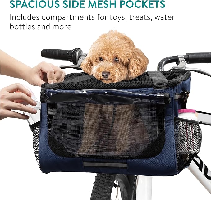Navaris Pet Carrier for Bikes - Bike Basket Dog Carrier - Ideal Carriers for Small to Medium Dogs Up to 10kg (22lbs) - Drawstring Bag with Secure Locks and Strap - Blue