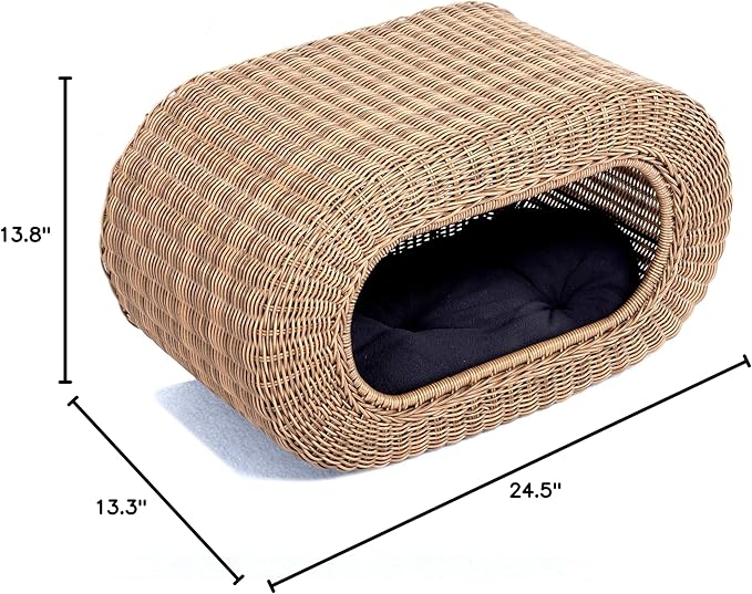 Fun Stackable Wicker Cat Hideaway House - Interactive Play Rattan Cat House for Indoor Cats Kitty, Pet Friendly Top/Side House Entry, Cat Bed Enclosed