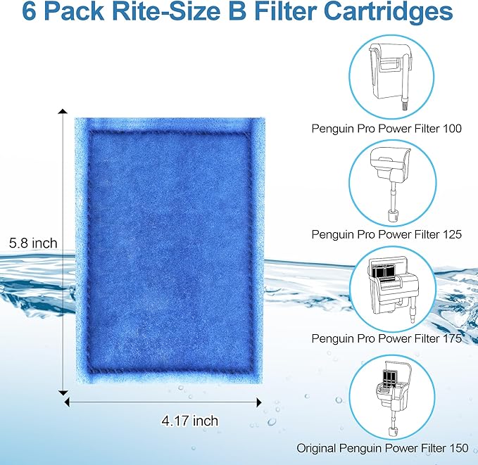 Nebulist 6 Pack Rite-Size B Filter Cartridges Compatible with MarineLand Penguin PRO Power Filters 100/125/175 & Original Penguin Power Filter 150 and Aqua-Tech 10-20 Gallon Fish Tank Filters