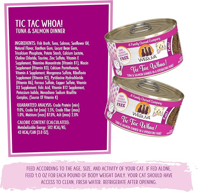 Weruva Wet Cat Food, Tic Tac Whoa with Tuna and Salmon Pate, 3oz Can, Pack of 12