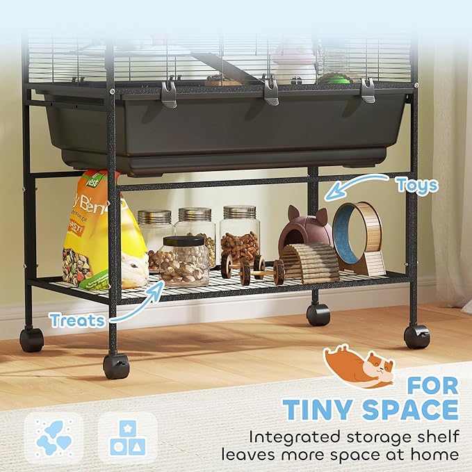 PawHut Hamster Cage with Deep Tray, 3 Tier Rolling Rat Cage with Storage Shelf, Big Exercise Wheel, Tube System, Hut, Platforms, Ramps, Food Dish, Water Bottle, for Syrian, Gerbil, Mouse