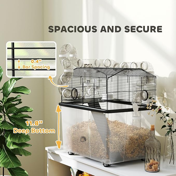 PawHut Large Hamster Cage with 12" Deep Tray, 2 Tier Gerbil Cage with Tube System, Water Bottle, Ramp, Feeding Bowl, 23" x 17" x 22", Black