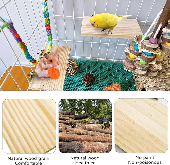Hamster Wooden Ledge Platform 2Pcs Small Animals Natural Wood Stand Platform Chew Toys Cage Accessories for Squirrel Gerbil Suger Glider Rat Hamsters Bird