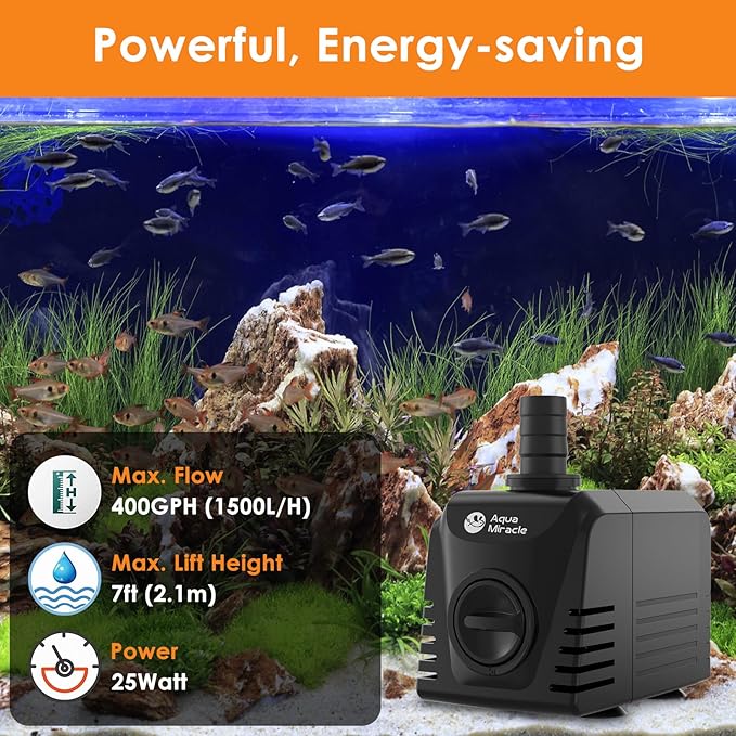 AquaMiracle Submersible Water Pump Aquarium Water Pump with Flow Control, Pond Pump Fountain Pump for Pond, Fountain, Waterfall, Statuary, Water feature, Hydroponics (400GPH, 25W)