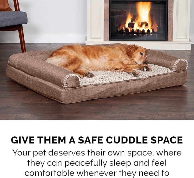 Furhaven Cooling Gel Dog Bed for Large/Medium Dogs w/ Removable Bolsters & Washable Cover, For Dogs Up to 55 lbs - Luxe Faux Fur & Performance Linen Sofa - Woodsmoke, Large