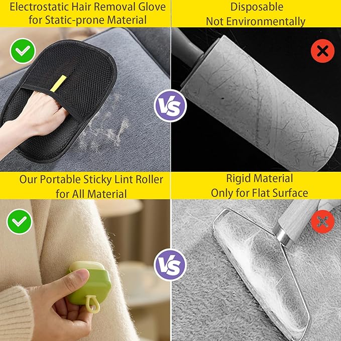 Pet Hair Removal Glove for Cats Dogs, Reusable Electrostatic Gloves Pet Hair Remover Mitt Easy Scrape Pet Hair from Cloth, Rugs, Cat Bed, Car Trunk(1 PC Glove &1 PC Lint Roller)