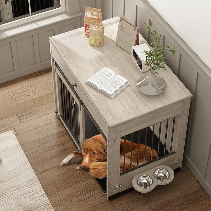 Large Dog Crate with Sliding Door, Furniture-Style Wooden Indoor Kennel, Integrated Side Table & Drawer, Secure Lock, 360° Rotating Bowl, Modern Pet House - Ideal for Home Decor (Grey)