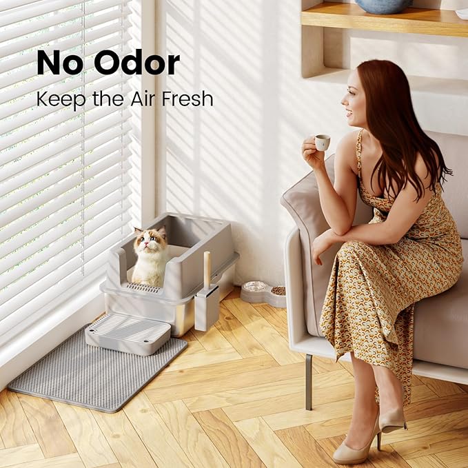 Stainless Steel Cat Litter Box - Enclosed XL Metal Kitty Litter Box with Lid for Big Cats, High Sided, Anti-Leakage, Easy Cleaning, Non-Sticky, Included Litter Mat, Cat Bowl & Spoon