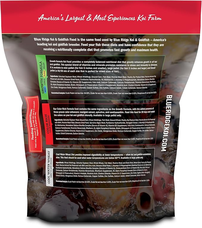 Blue Ridge Koi Fish Food 5lb - Koi Food Mini Growth Formula, Goldfish Food, Premium Fish Food for Ponds, Ponds Fish Food, Floating Pond Pellets