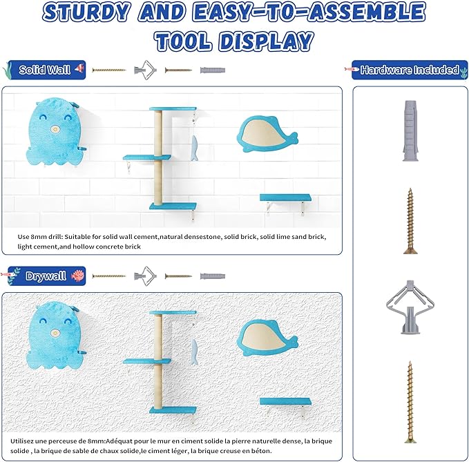 COZIWOW 4-Piece Wall-Mounted Cat Tree Set – Sturdy Wood Pet House, Scratching Board, Platforms, Sisal Posts & Blue Fish Charm – Ocean Blue