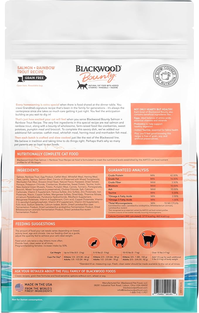 Blackwood Bounty Dry Cat Food, Salmon & Rainbow Trout Recipe for All Life Stages, 2 Pound Bag, High Protein, Grain Free