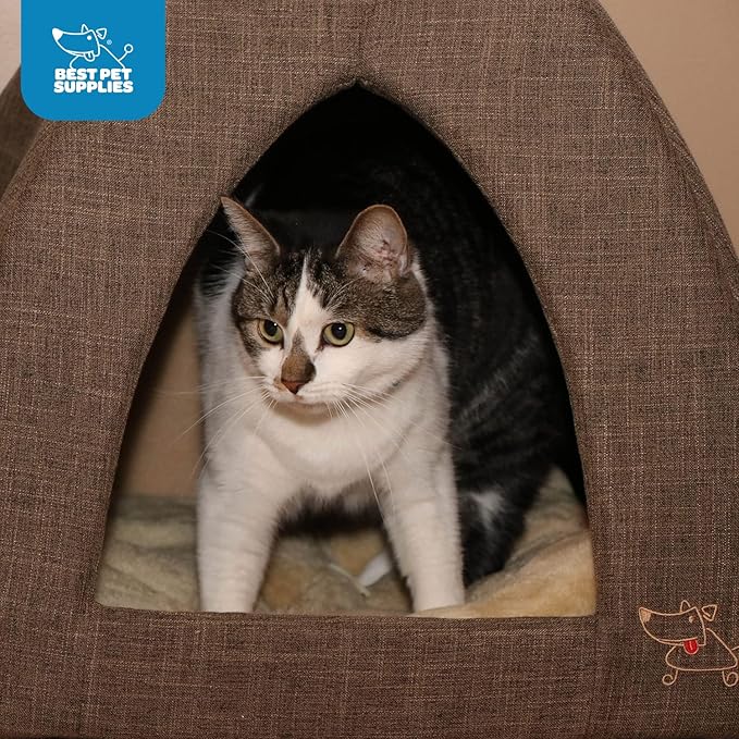 Best Pet Supplies Pet Tent-Soft Bed for Dog and Cat Brown Linen, 16" x 16" x H:14"