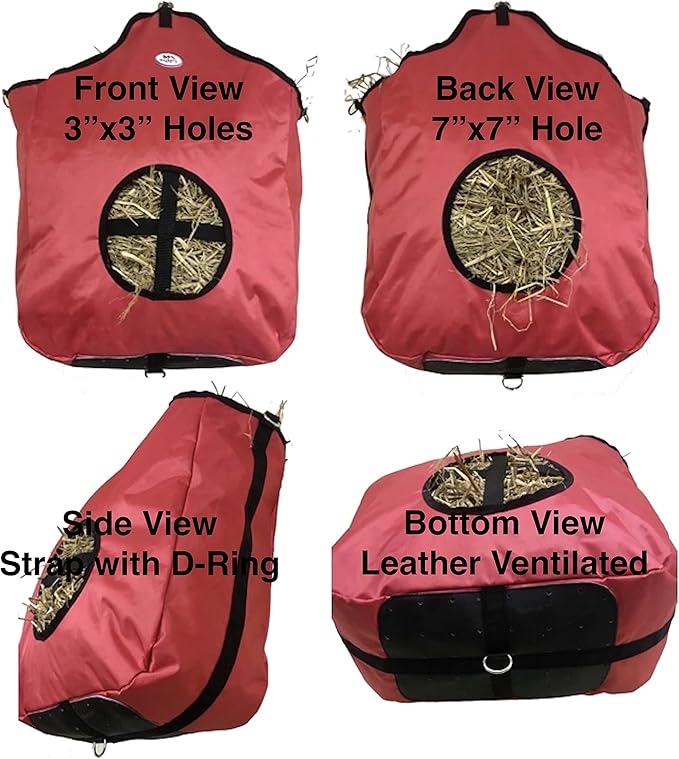 Majestic Ally Nylon Hay Feeder Tote Bag for Horse, Goat, Sheep - Double Sides Open Feed Hole with Faux Leather Ventilated Bottom- Premium Quality -Simulates Grazing - Reduces Waste (RED)