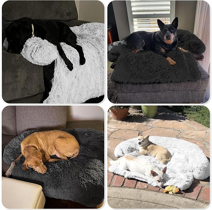 Calming Dog Bed Fluffy Plush Dog Mat for Furniture Protector with Removable Washable Cover for Large Medium Small Dogs and Cats (Small(35x31x5), Light Grey)
