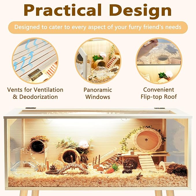 Hamster Cage Wooden Chew Proof, Extra Large Mice and Rat Habitat Openable Top with Acrylic Sheets Solid Built Small Animal Cage with Leg Stands, 48 Inch Long