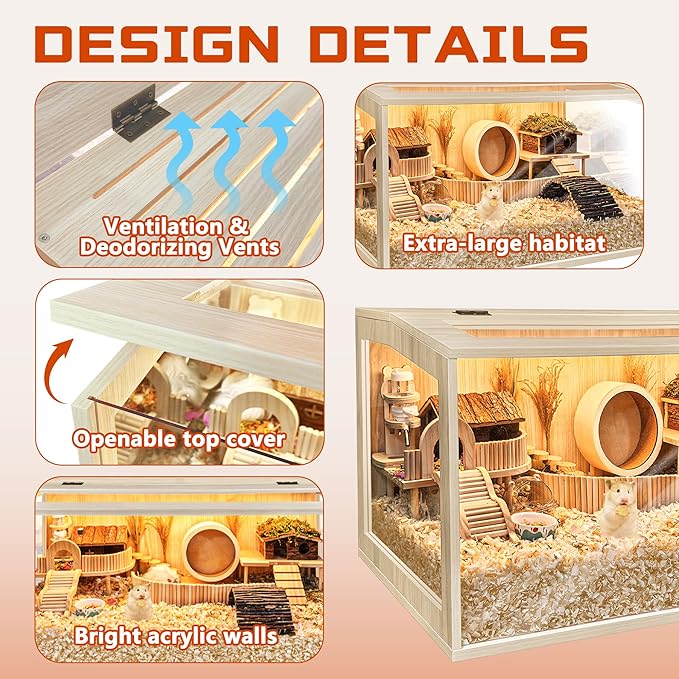 Hamster Cage Chewproof Wooden 40 Inch Guinea Pig Cages Mice and Rat Habitat Openable Top with Acrylic Sheets Solid Built