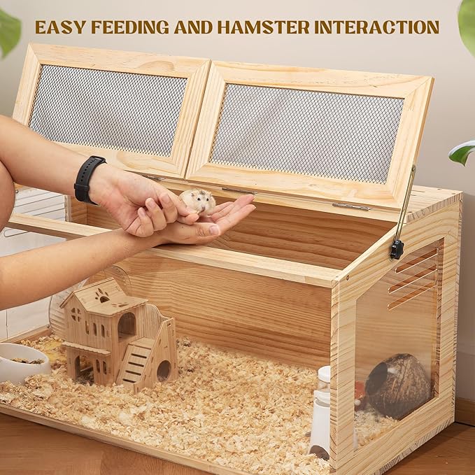 Hamster Cage 32 Inch Wooden Chewproof, 270° View Habitat with Bite-Proof Metal Mesh & Dual Access Doors, Acrylic Sheets & Solid Build for Dwarf Syrian Hamsters/Gerbils/Guinea Pigs/Chinchillas