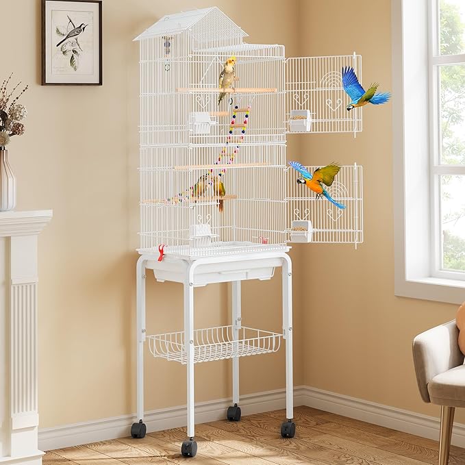 YITAHOME 62 inch Metal Bird Cage, Large Parakeet Cages for Parrot, Cockatiel, Lovebird, Pigeon with Roof Top, Rolling Stand and Hanging Accessories, White