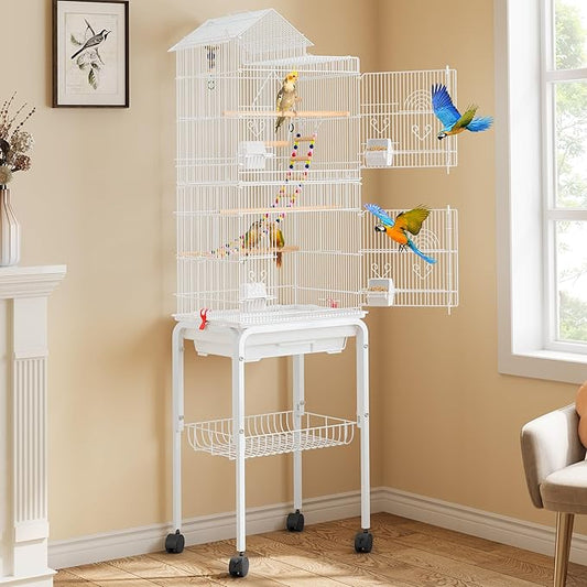 YITAHOME 62 inch Metal Bird Cage, Large Parakeet Cages for Parrot, Cockatiel, Lovebird, Pigeon with Roof Top, Rolling Stand and Hanging Accessories, White
