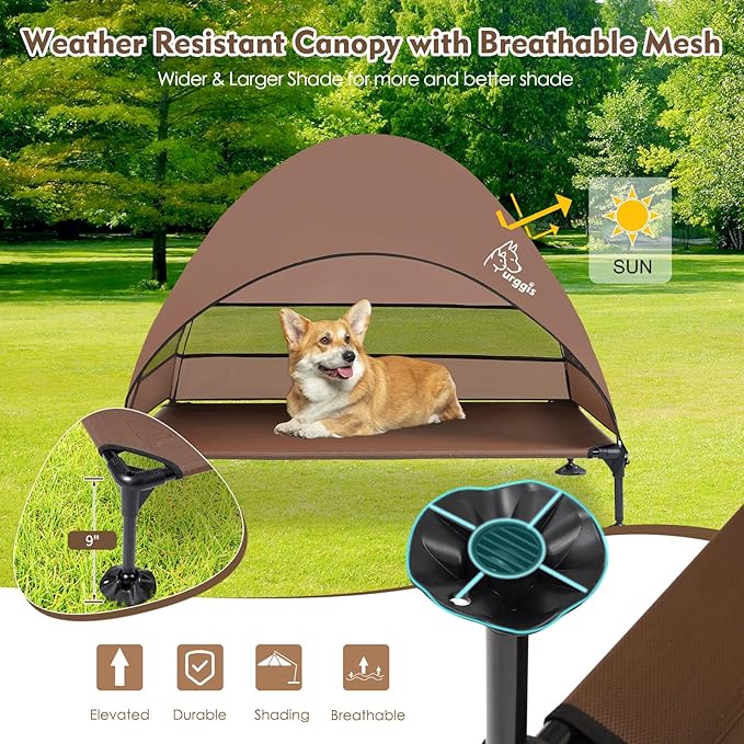 Upgraded Elevated Dog Bed with Canopy, Portable Raised Outdoor Dog Bed with Stable Anti-Slip Feet, Raised Wider Shade Pet Bed Cot for Large Dogs Camping, Indoor & Outdoor Use