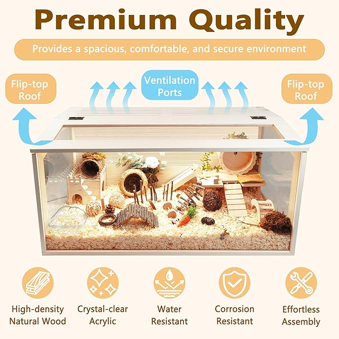 Hamster Cage Chewproof Wood, Mice and Rat Habitat Openable Top with Acrylic Sheets Solid Built, Small Animal Cage, 40 Inch Length