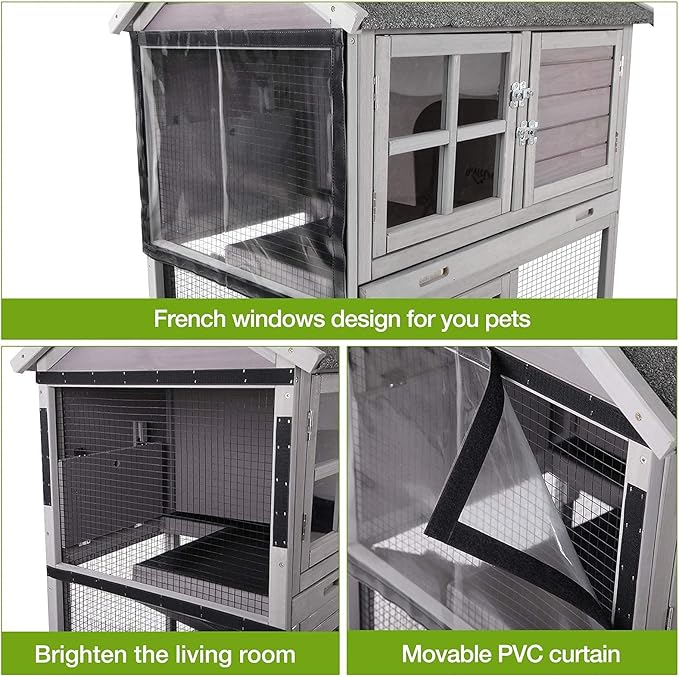 Rabbit Hutch Indoor Outdoor Bunny Cage Rabbit House with Movable Wire Netting, Guinea Pig Habitat On Wheels,Pull Out Leak Proof Tray L38.6 x D25.6 x H44.2